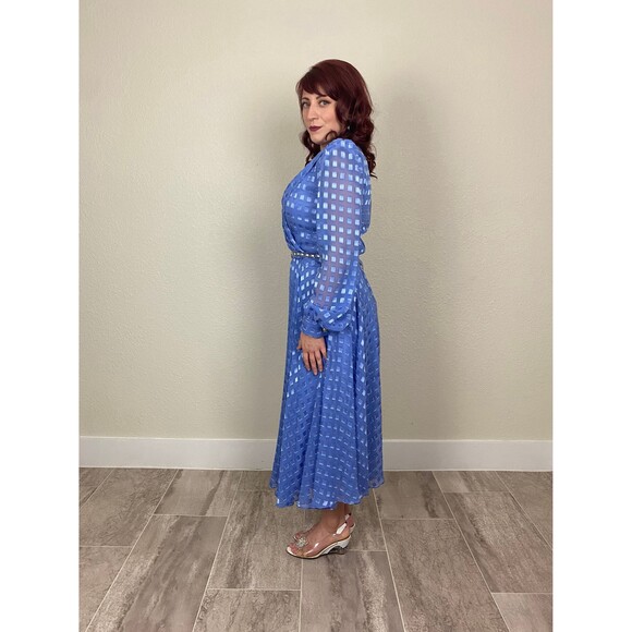 Size M | Vintage 1980s 80s Periwinkle Puff Balloon Long Sleeve Ethereal Dress - Picture 7 of 10